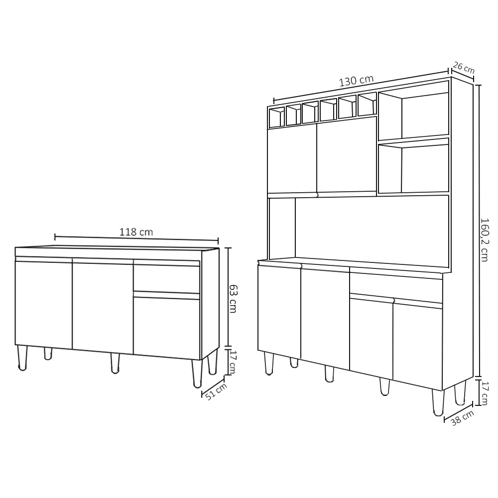 Cozinha Compacta Alice e Balcão Gabinete Sem Tampo Tatiane 120cm Branco - AJL Móveis