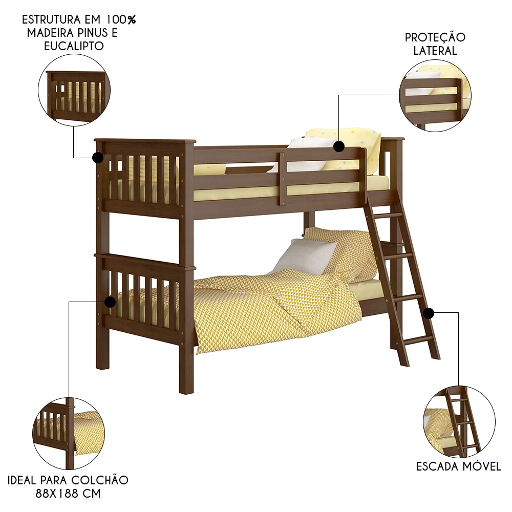 Beliche Solteiro Juvenil com Escada Móvel Joy Z40 Castanho Acetinado - Mpozenato