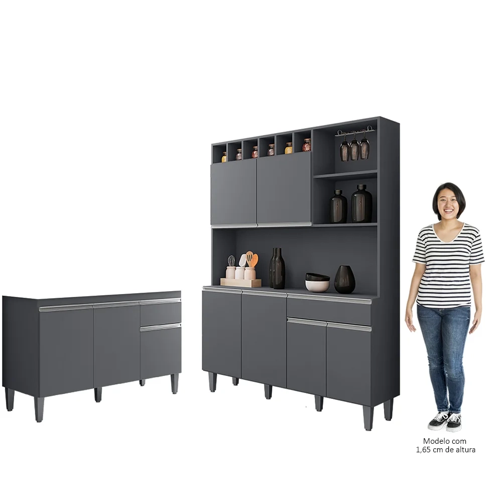 Cozinha Compacta Alice e Balcão Gabinete Sem Tampo Tatiane 120cm Cinza - AJL Móveis