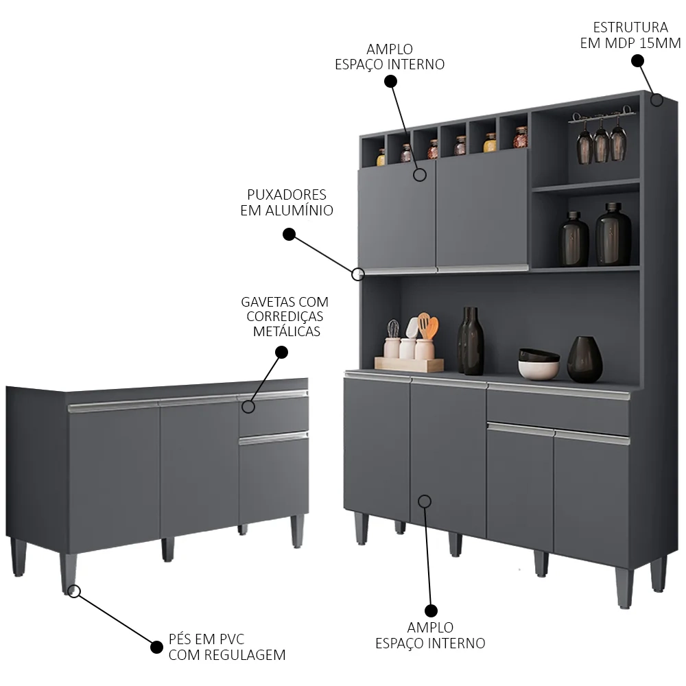 Cozinha Compacta Alice e Balcão Gabinete Sem Tampo Tatiane 120cm Cinza - AJL Móveis