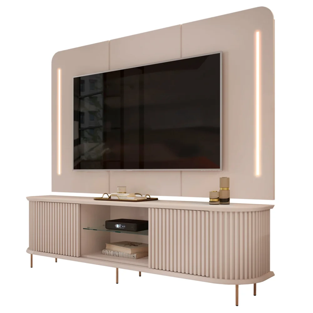 Painel Para TV 75 Pol e Rack Bancada Ripado 218cm World D04 Off White - Mpozenato