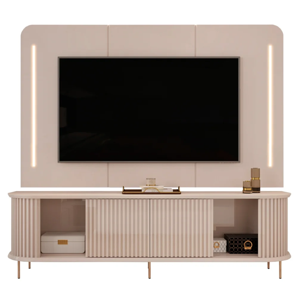 Painel Para TV 75 Pol e Rack Bancada Ripado 218cm World D04 Off White - Mpozenato