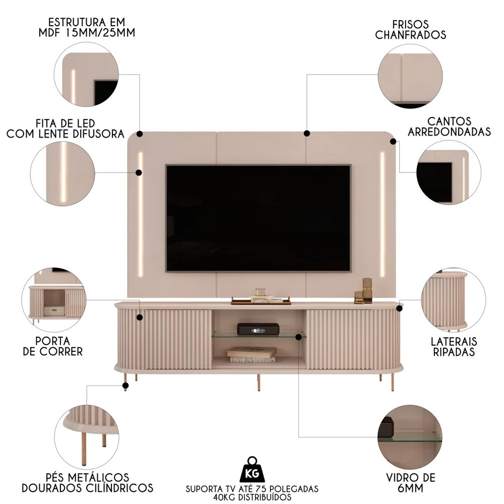 Painel Para TV 75 Pol e Rack Bancada Ripado 218cm World D04 Off White - Mpozenato