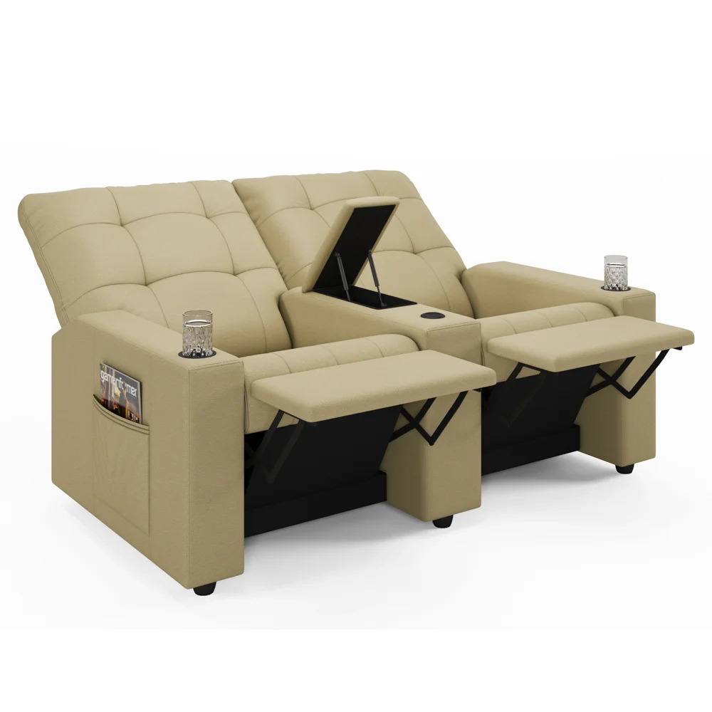 Poltrona de Cinema Reclinável 2 Lugares Baú USB Mallie FH9 PU Bege - Mpozenato