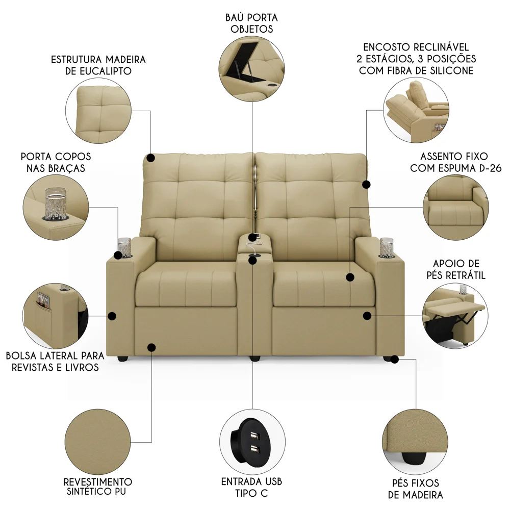 Poltrona de Cinema Reclinável 2 Lugares Baú USB Mallie FH9 PU Bege - Mpozenato