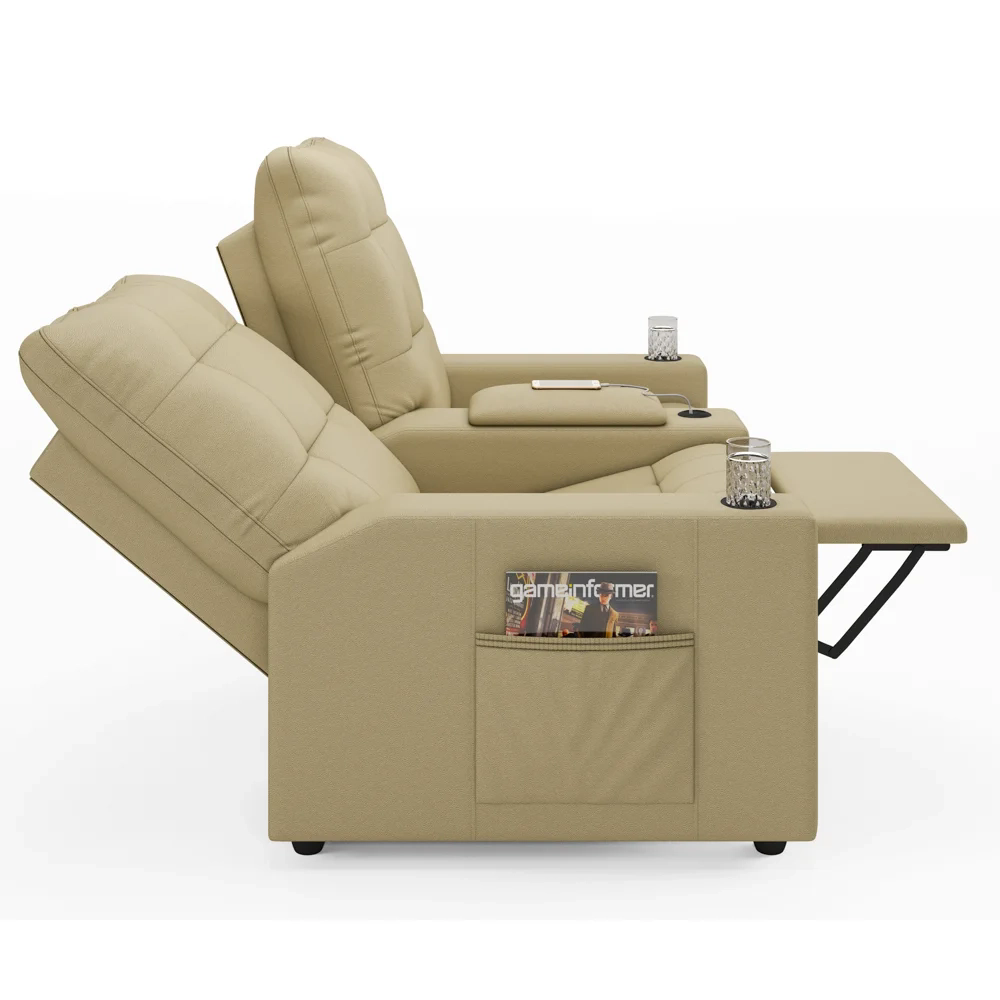 Poltrona de Cinema Reclinável 2 Lugares Baú USB Mallie FH9 PU Bege - Mpozenato