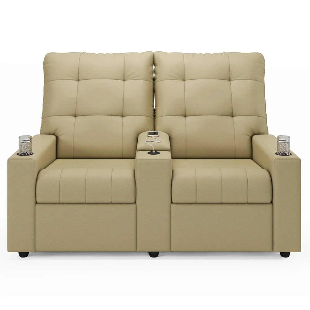 Poltrona de Cinema Reclinável 2 Lugares Baú USB Mallie FH9 PU Bege - Mpozenato