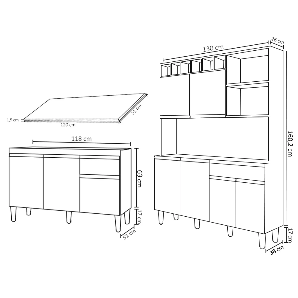 Cozinha Compacta Alice e Balcão Gabinete Com Tampo Tatiane 120cm Preto - AJL Móveis