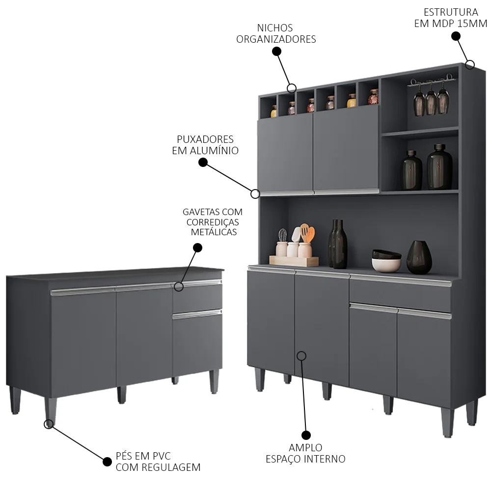 Cozinha Compacta Alice e Balcão Gabinete Com Tampo Tatiane 120cm Cinza - AJL Móveis