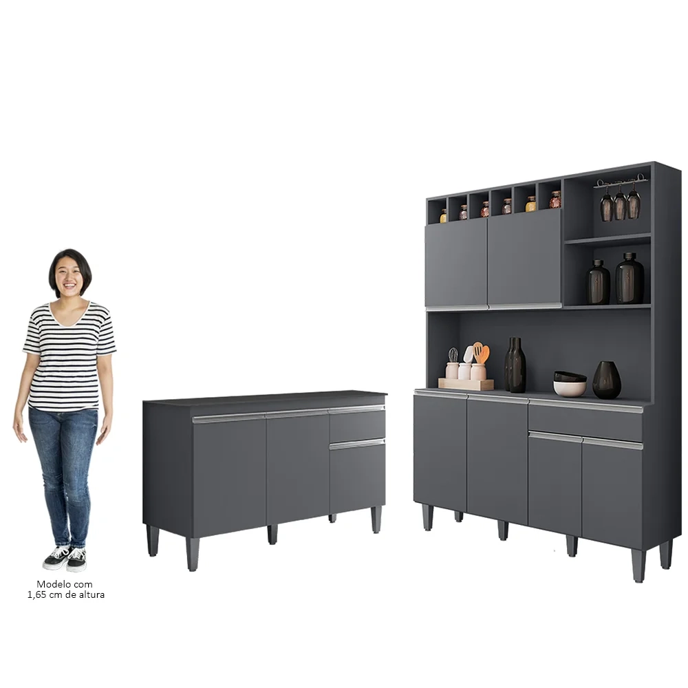 Cozinha Compacta Alice e Balcão Gabinete Com Tampo Tatiane 120cm Cinza - AJL Móveis