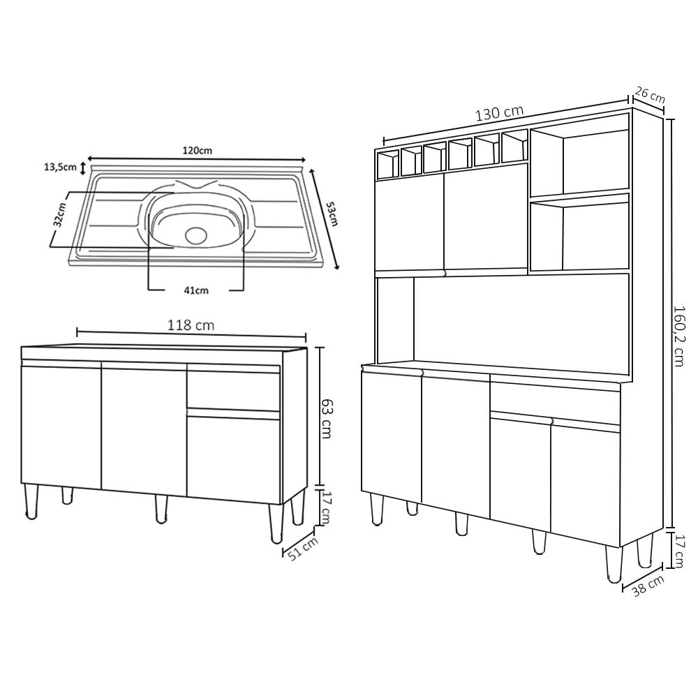 Cozinha Compacta Alice e Balcão Gabinete Com Pia Tatiane 120cm Branco - AJL Móveis