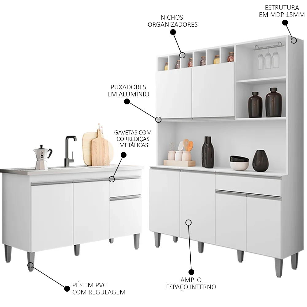 Cozinha Compacta Alice e Balcão Gabinete Com Pia Tatiane 120cm Branco - AJL Móveis
