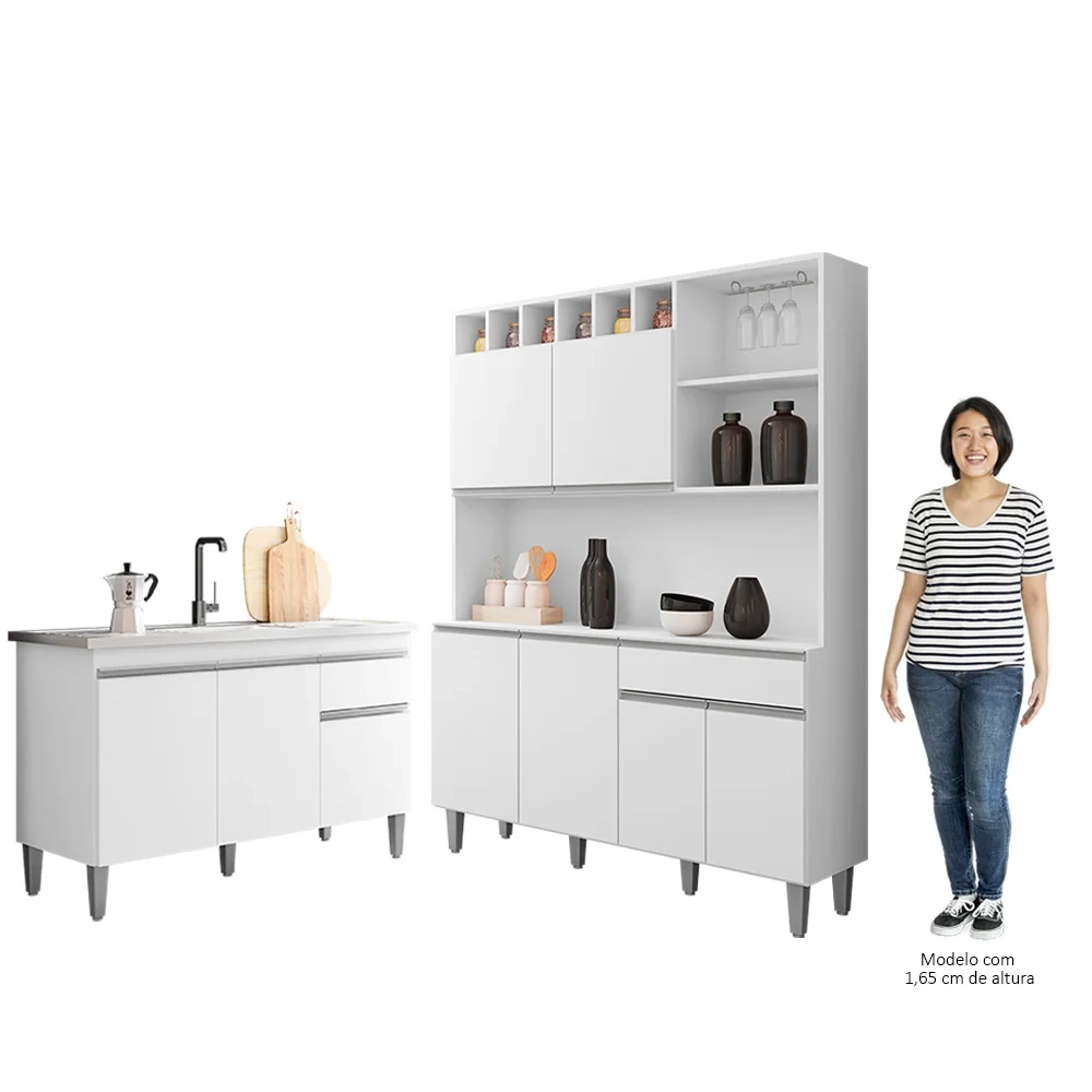 Cozinha Compacta Alice e Balcão Gabinete Com Pia Tatiane 120cm Branco - AJL Móveis