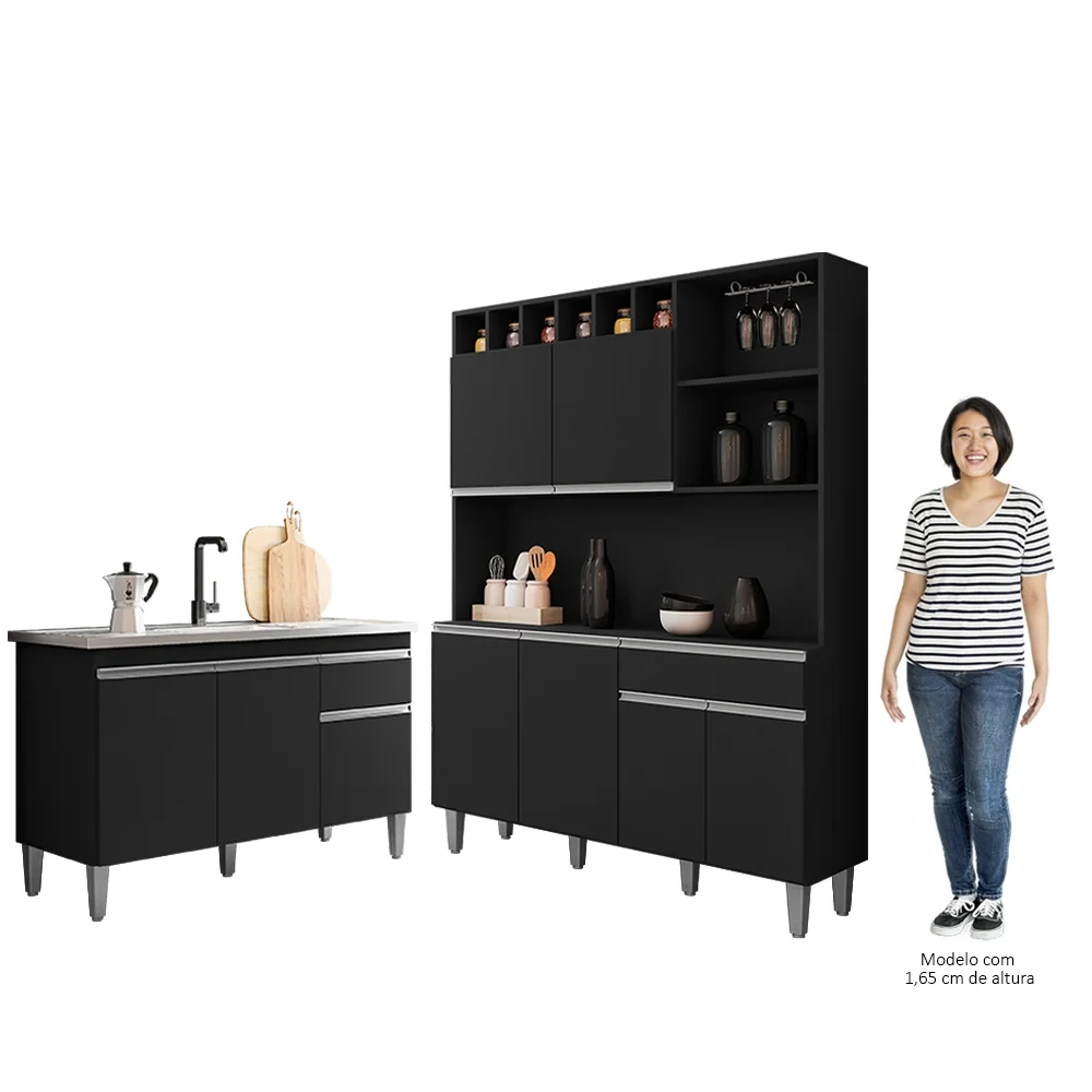 Cozinha Compacta Alice e Balcão Gabinete Com Pia Tatiane 120cm Preto - AJL Móveis