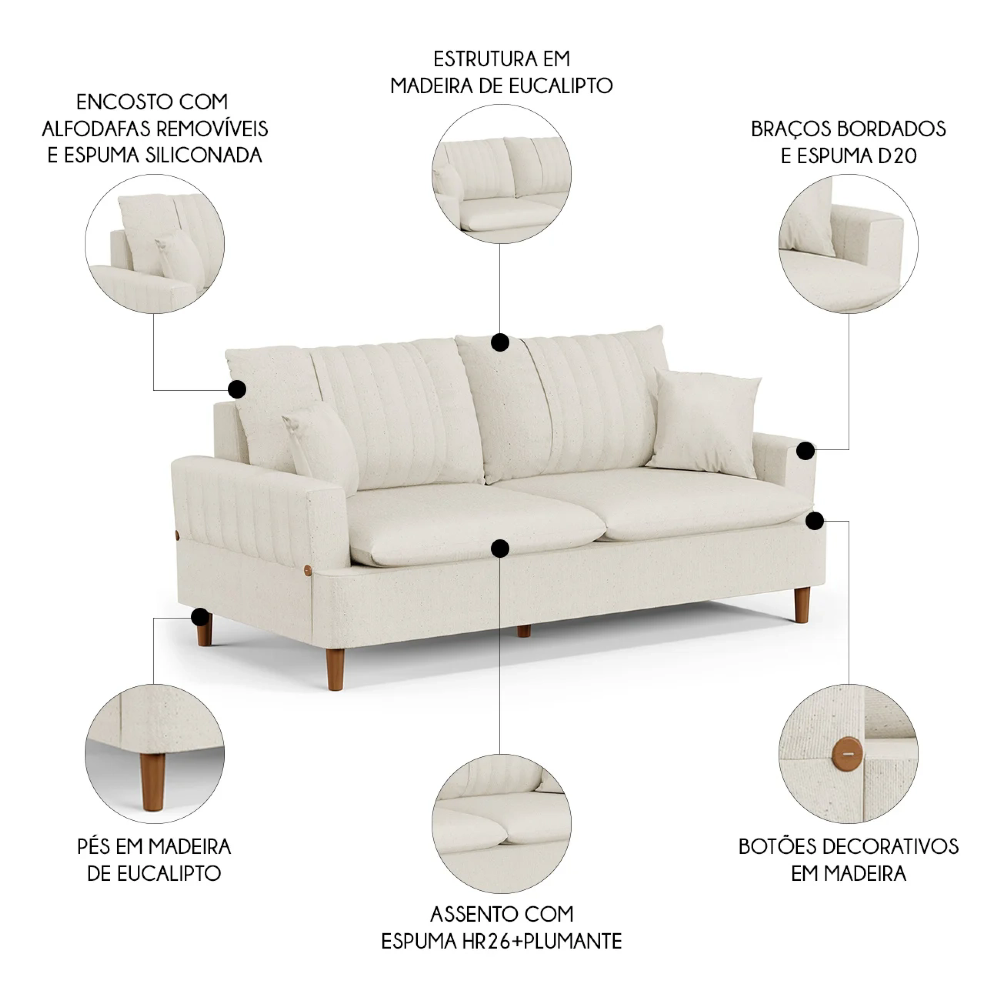 Sofá 180cm 3 Lugares com Almofadas Pés Curvos Veras Linho D05 Cru - Mpozenato