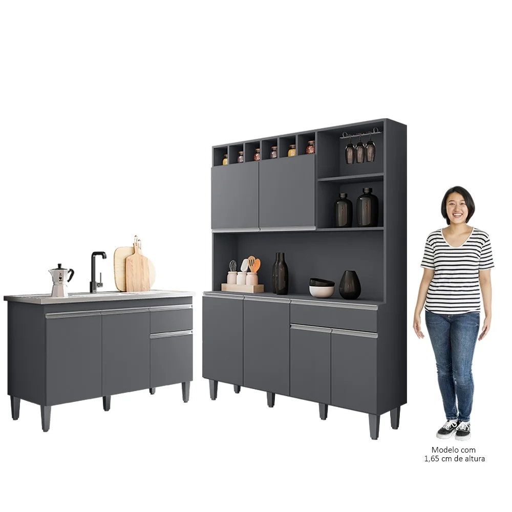 Cozinha Compacta Alice e Balcão Gabinete Com Pia Tatiane 120cm Cinza - AJL Móveis
