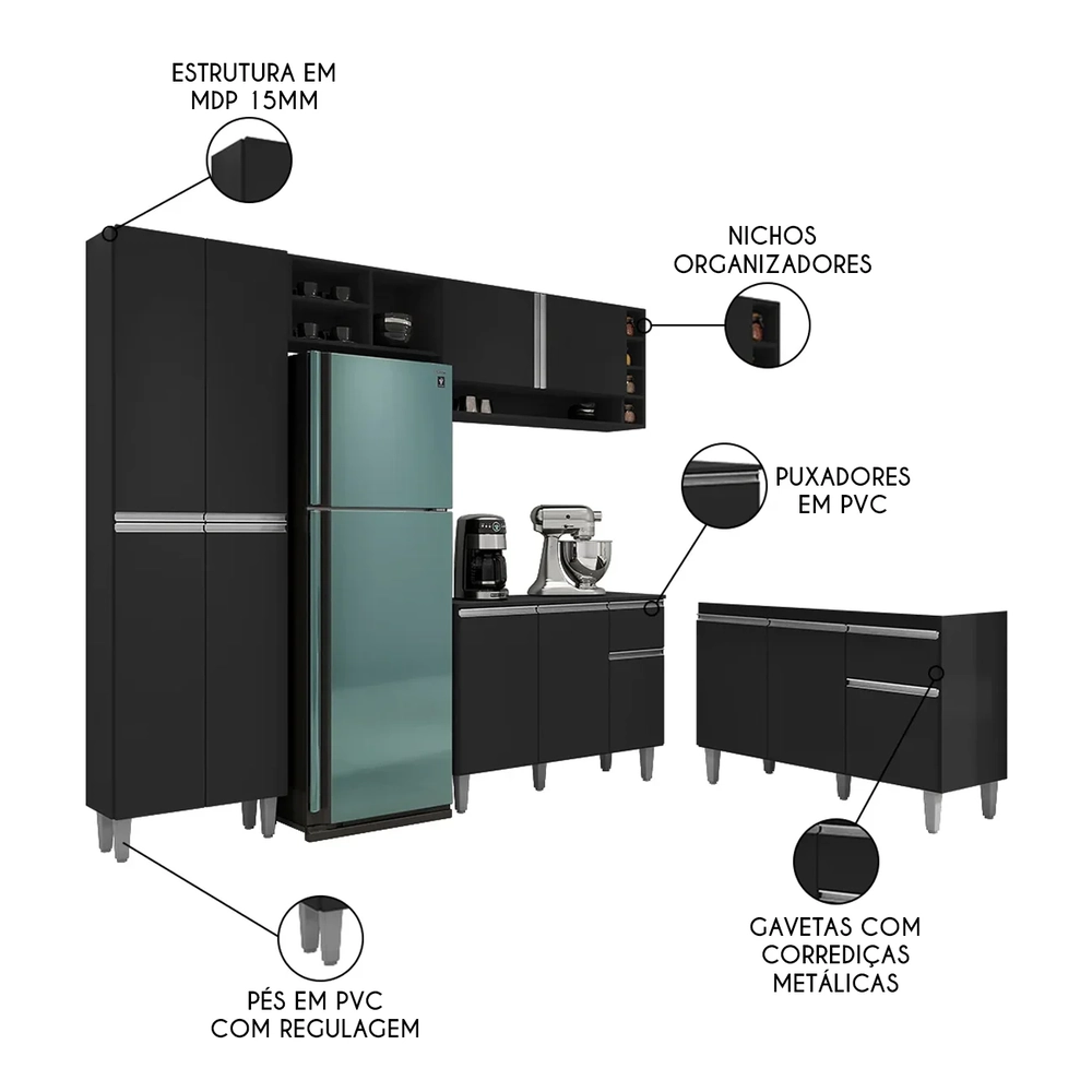 Cozinha Compacta Vanessa e Balcão Gabinete Sem Tampo Tatiane 120cm Preto - AJL Móveis