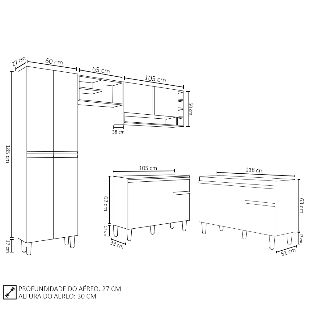 Cozinha Compacta Vanessa e Balcão Gabinete Sem Tampo Tatiane 120cm Cinza - AJL Móveis