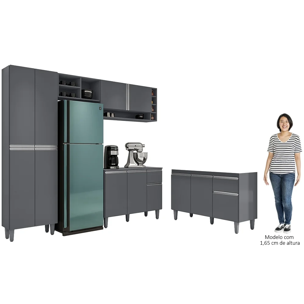 Cozinha Compacta Vanessa e Balcão Gabinete Sem Tampo Tatiane 120cm Cinza - AJL Móveis