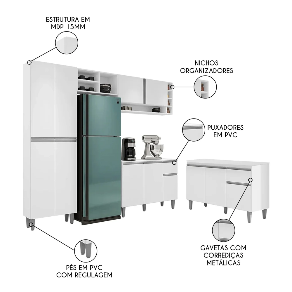 Cozinha Compacta Vanessa e Balcão Gabinete Com Tampo Tatiane 120cm Branco - AJL Móveis