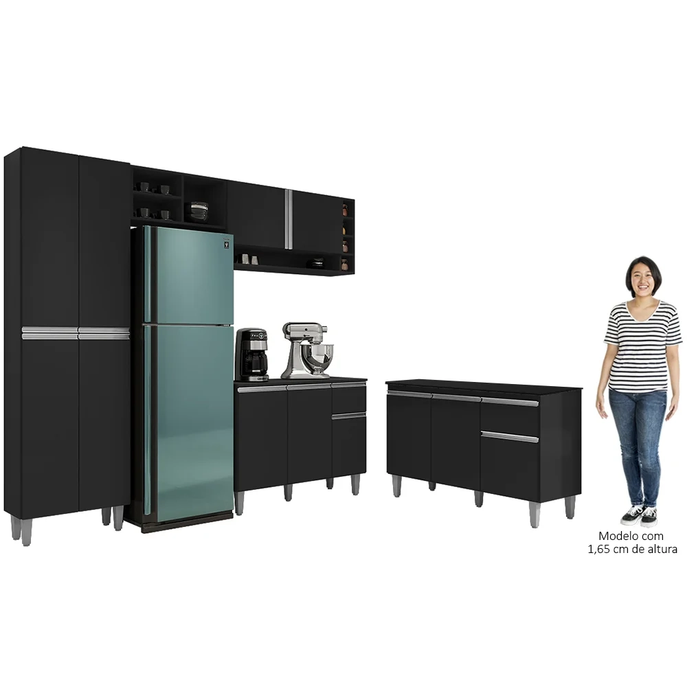 Cozinha Compacta Vanessa e Balcão Gabinete Com Tampo Tatiane 120cm Preto - AJL Móveis
