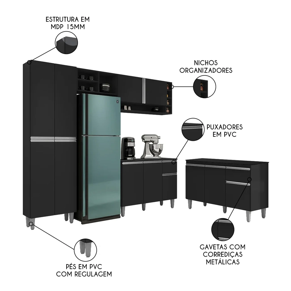 Cozinha Compacta Vanessa e Balcão Gabinete Com Tampo Tatiane 120cm Preto - AJL Móveis