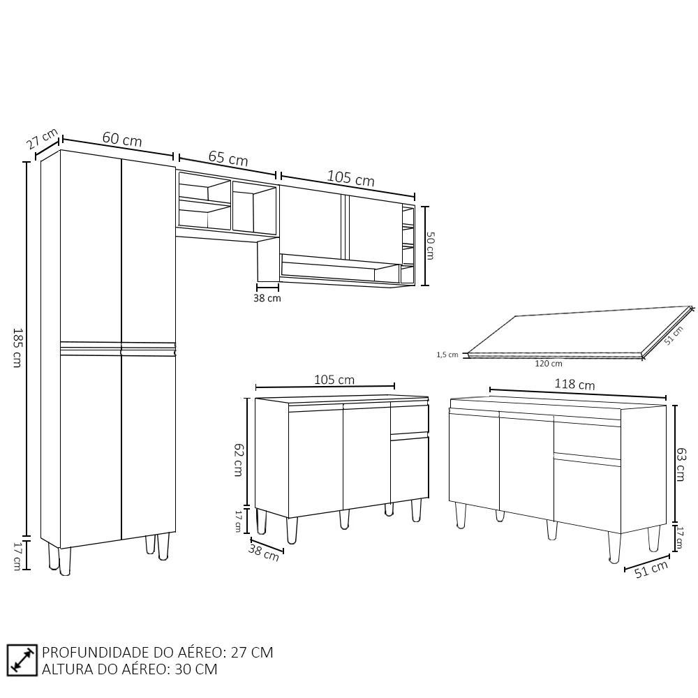 Cozinha Compacta Vanessa e Balcão Gabinete Com Tampo Tatiane 120cm Preto - AJL Móveis