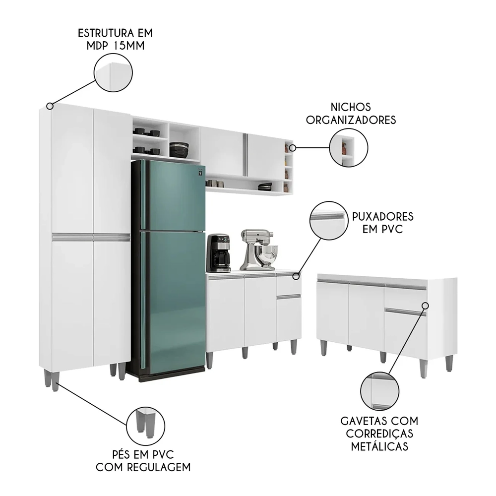 Cozinha Compacta Vanessa e Balcão Gabinete Sem Tampo Tatiane 120cm Branco - AJL Móveis