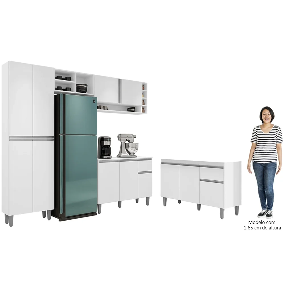 Cozinha Compacta Vanessa e Balcão Gabinete Sem Tampo Tatiane 120cm Branco - AJL Móveis