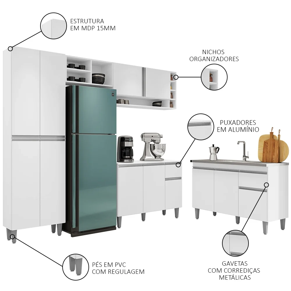 Cozinha Compacta Vanessa e Balcão Gabinete Com Pia Tatiane 120cm Branco - AJL Móveis