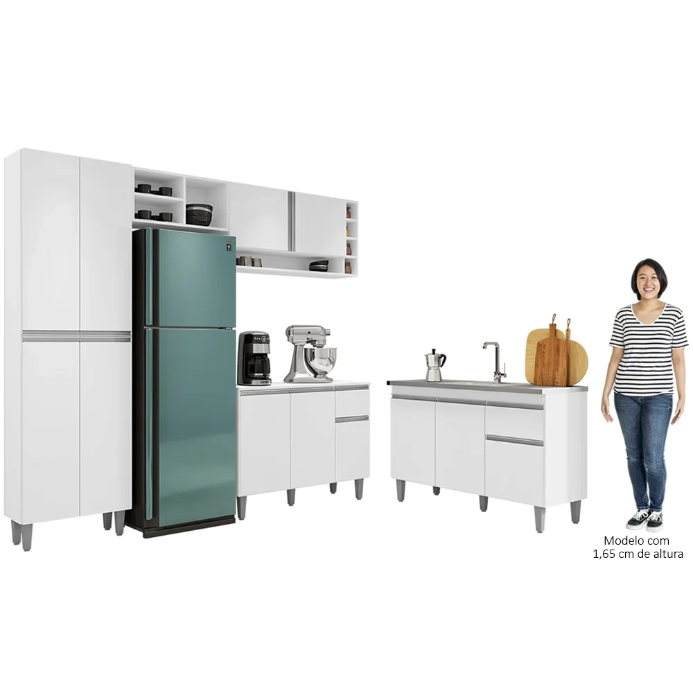 Cozinha Compacta Vanessa e Balcão Gabinete Com Pia Tatiane 120cm Branco - AJL Móveis