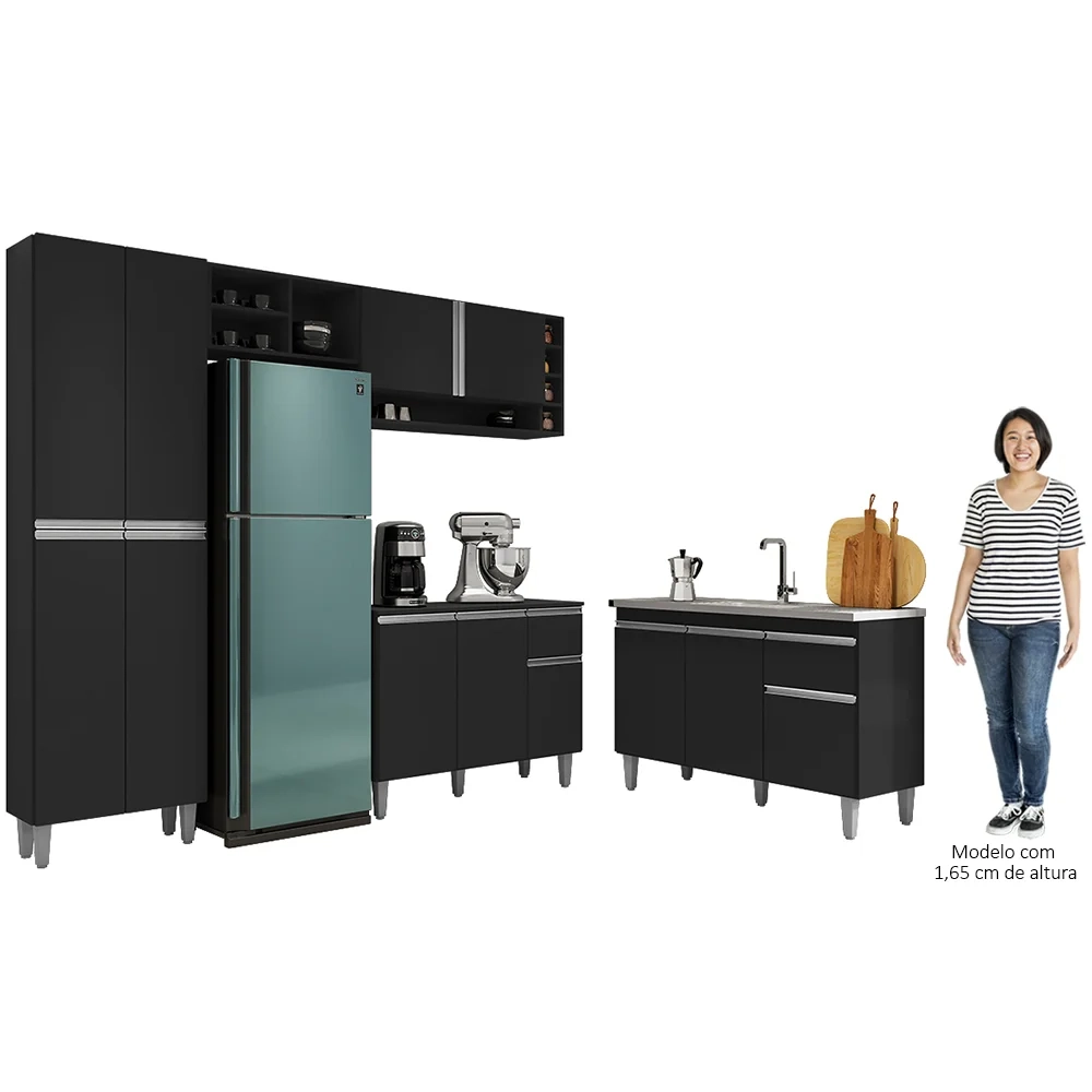 Cozinha Compacta Vanessa e Balcão Gabinete Com Pia Tatiane 120cm Preto - AJL Móveis