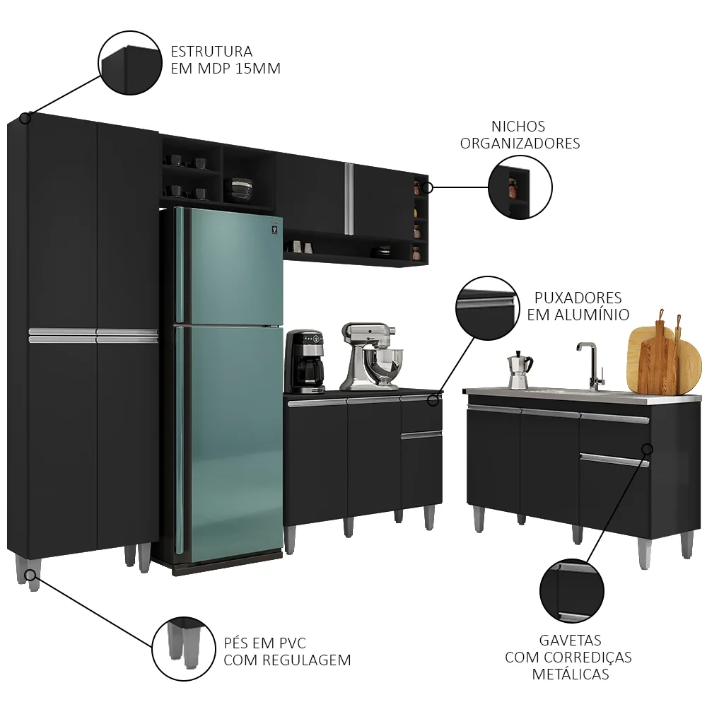 Cozinha Compacta Vanessa e Balcão Gabinete Com Pia Tatiane 120cm Preto - AJL Móveis
