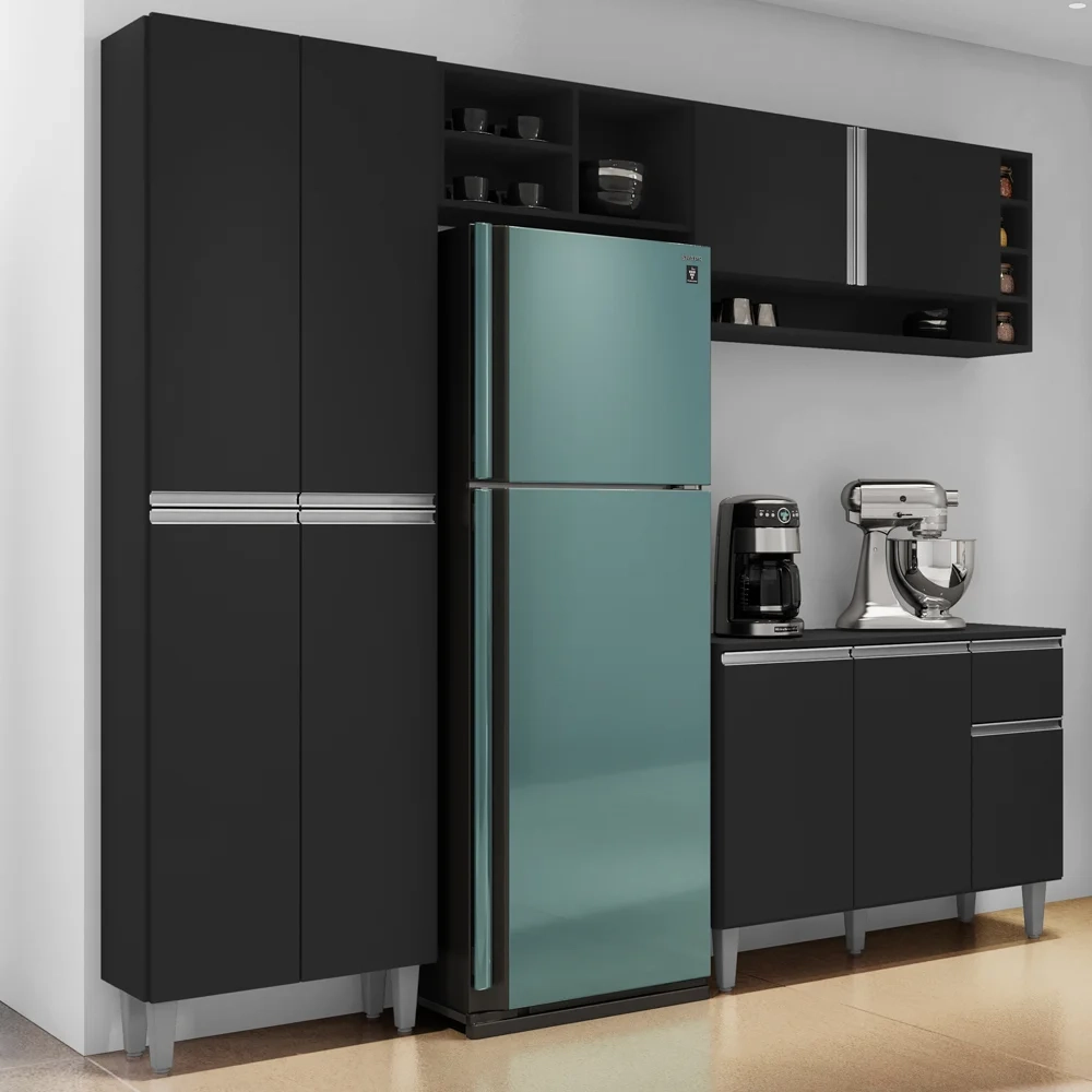 Cozinha Compacta Vanessa e Balcão Gabinete Com Pia Tatiane 120cm Preto - AJL Móveis