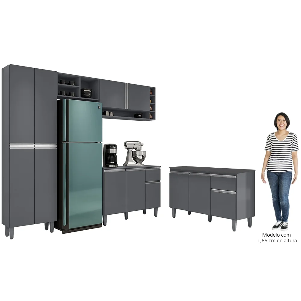 Cozinha Compacta Vanessa e Balcão Gabinete Com Tampo Tatiane 120cm Cinza - AJL Móveis