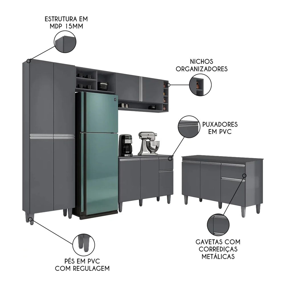 Cozinha Compacta Vanessa e Balcão Gabinete Com Tampo Tatiane 120cm Cinza - AJL Móveis