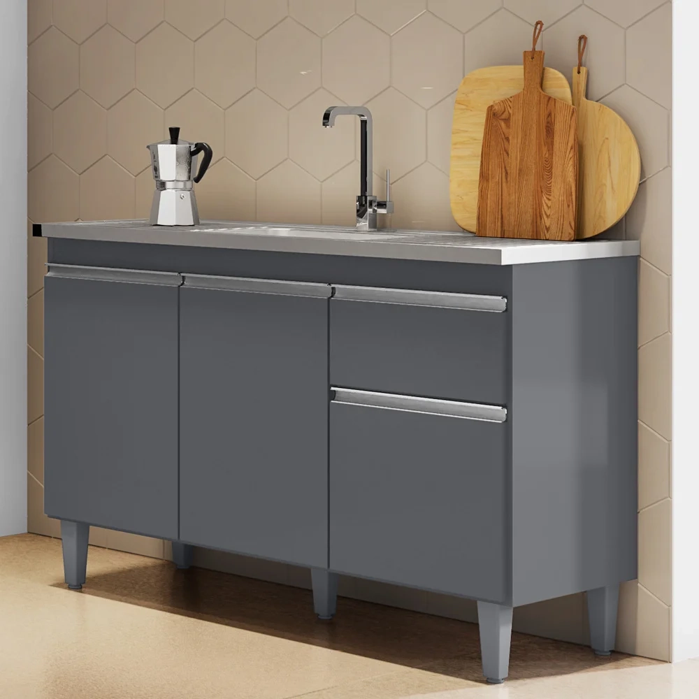 Cozinha Compacta Vanessa e Balcão Gabinete Com Pia Tatiane 120cm Cinza - AJL Móveis