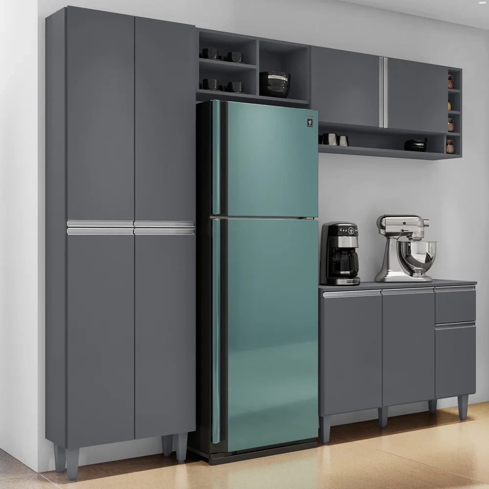 Cozinha Compacta Vanessa e Balcão Gabinete Com Pia Tatiane 120cm Cinza - AJL Móveis