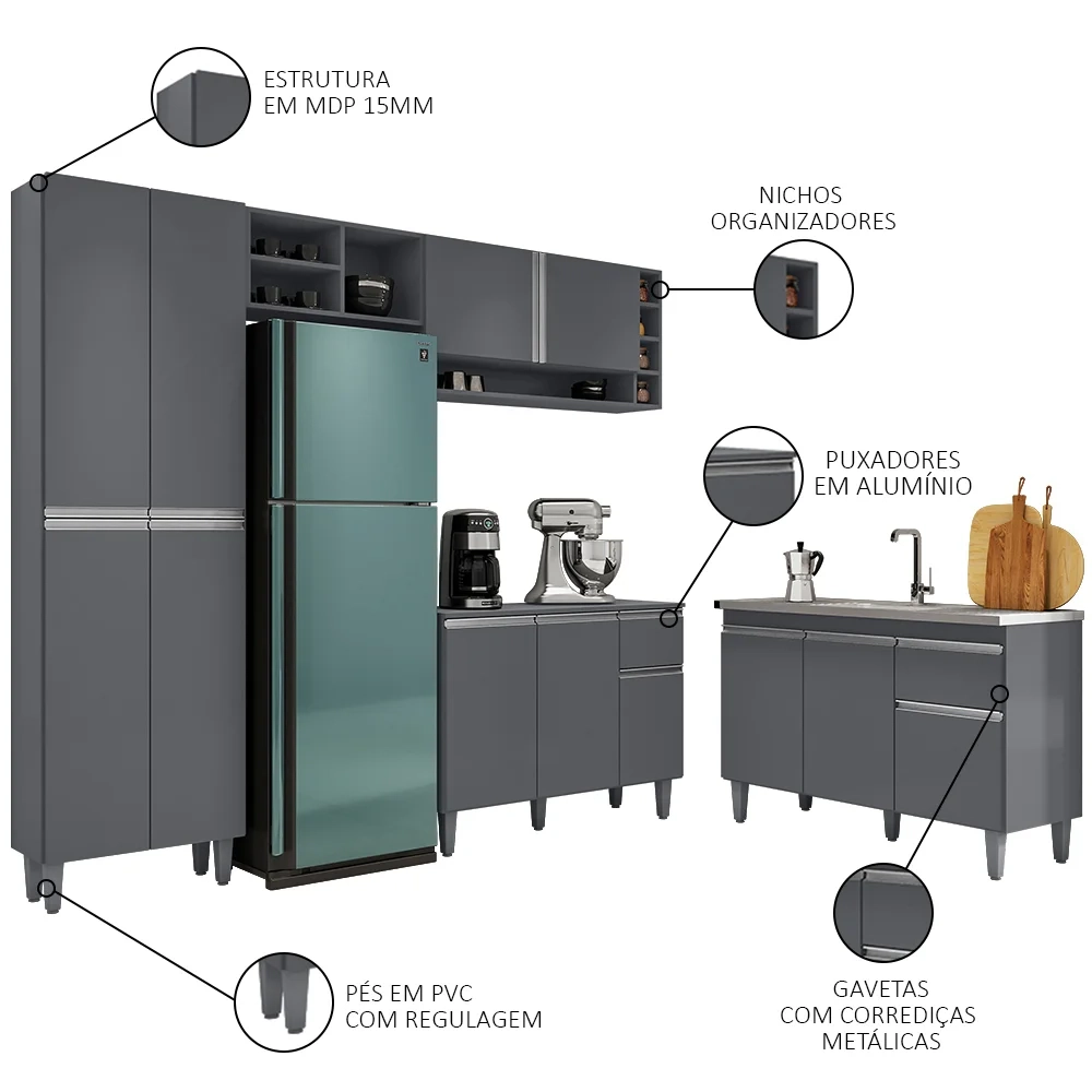 Cozinha Compacta Vanessa e Balcão Gabinete Com Pia Tatiane 120cm Cinza - AJL Móveis