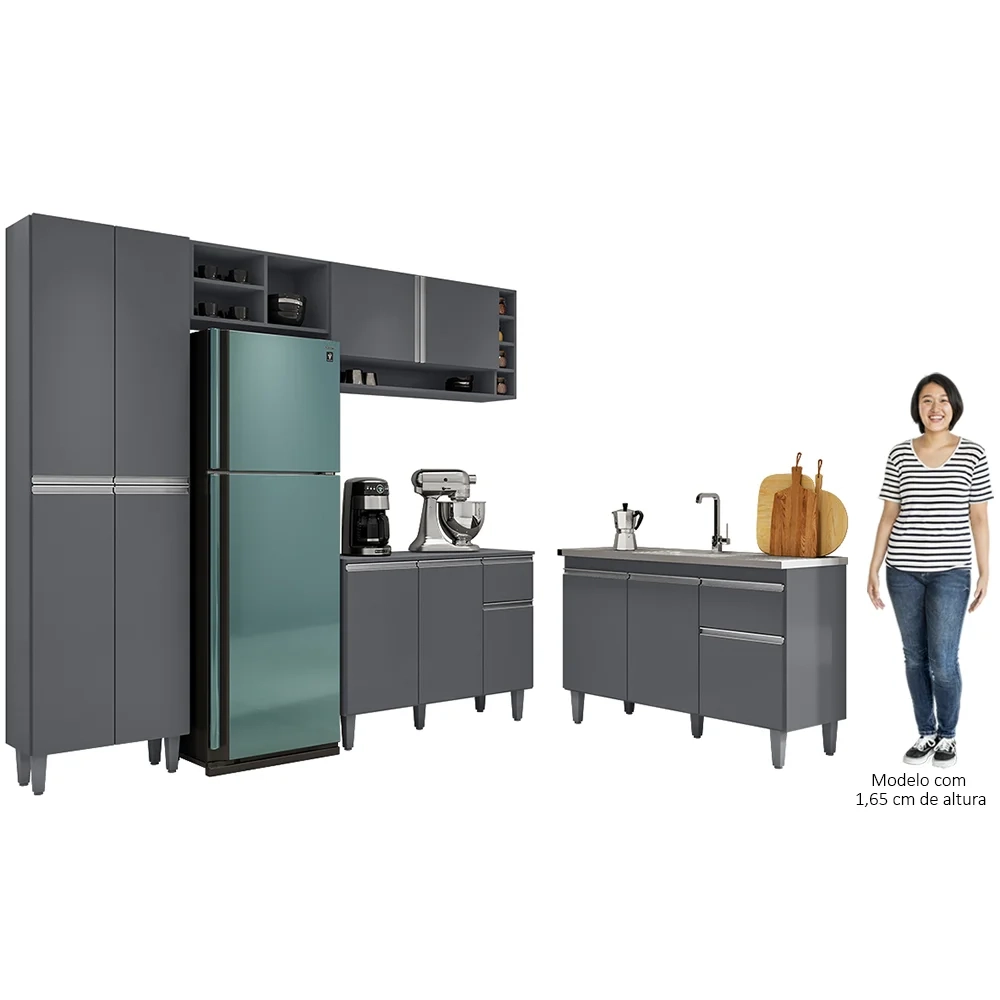 Cozinha Compacta Vanessa e Balcão Gabinete Com Pia Tatiane 120cm Cinza - AJL Móveis