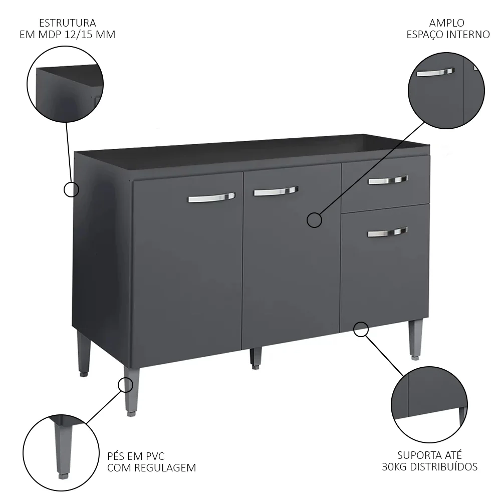 Balcão Gabinete Para Pia Sem Tampo 120cm 3 Portas e 1 Gaveta Gabriela Cinza - AJL Móveis