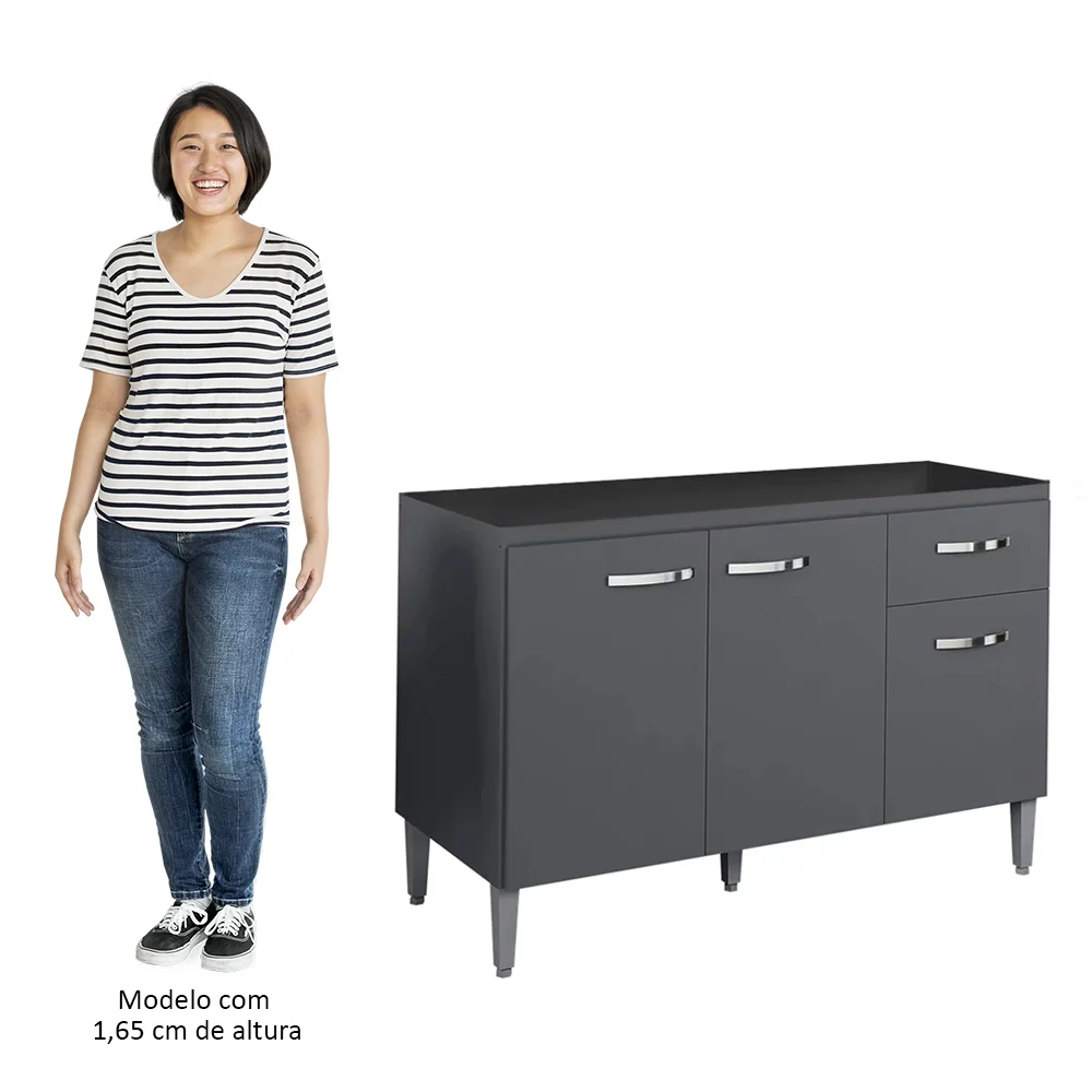 Balcão Gabinete Para Pia Sem Tampo 120cm 3 Portas e 1 Gaveta Gabriela Cinza - AJL Móveis