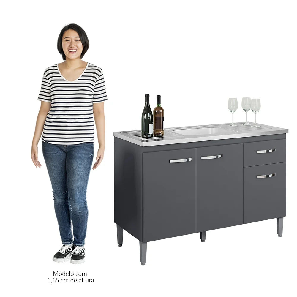 Balcão Gabinete Com Pia Inox 120cm 3 Portas e 1 Gaveta Gabriela Cinza - AJL Móveis