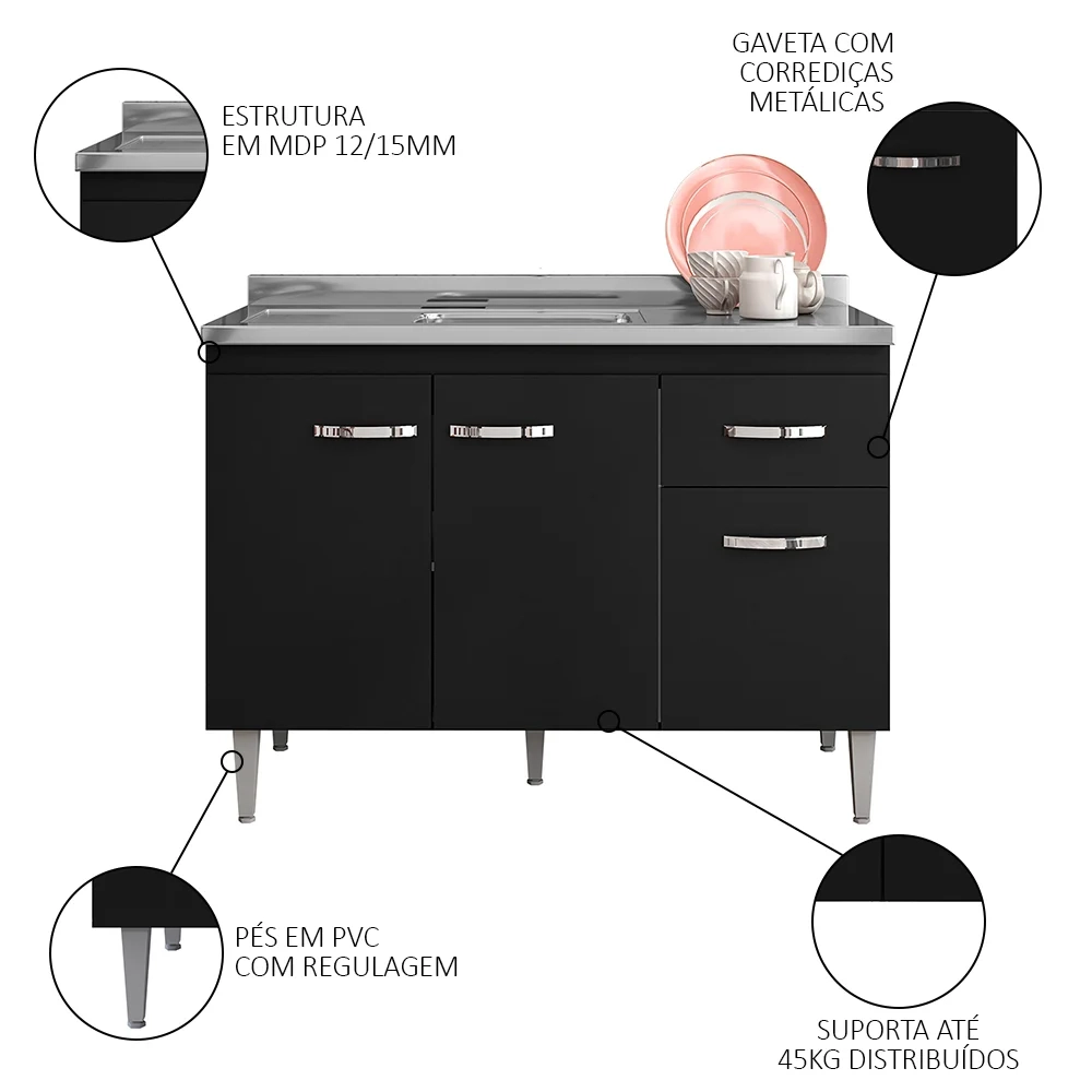 Balcão Gabinete Com Pia Inox 120cm 3 Portas e 1 Gaveta Gabriela Preto - AJL Móveis
