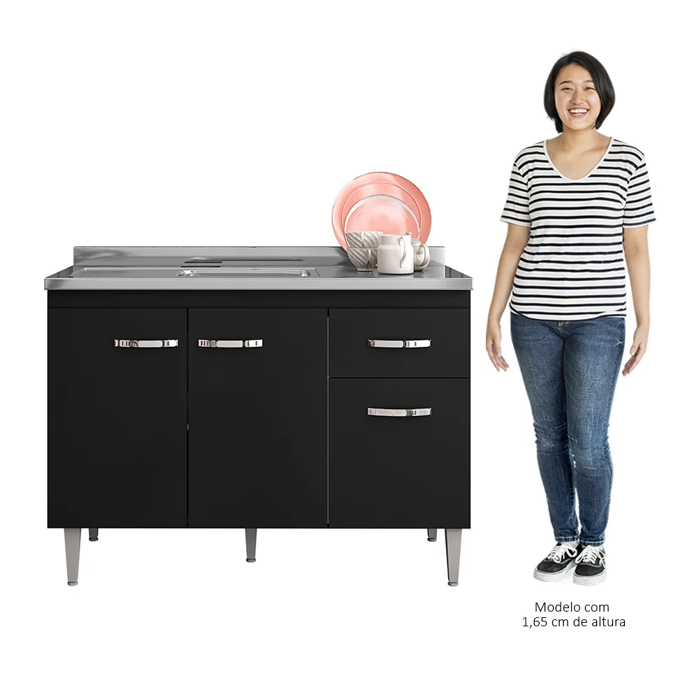 Balcão Gabinete Com Pia Inox 120cm 3 Portas e 1 Gaveta Gabriela Preto - AJL Móveis