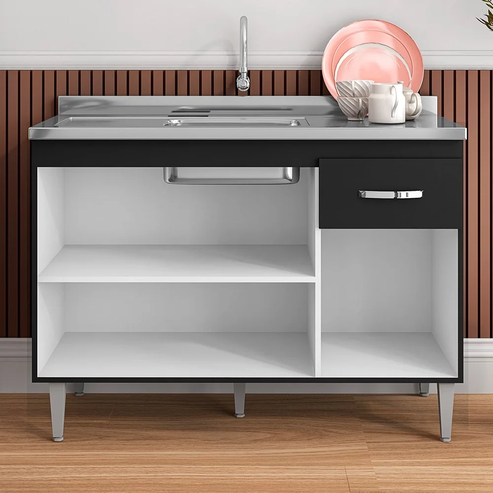 Balcão Gabinete Com Pia Inox 120cm 3 Portas e 1 Gaveta Gabriela Preto - AJL Móveis