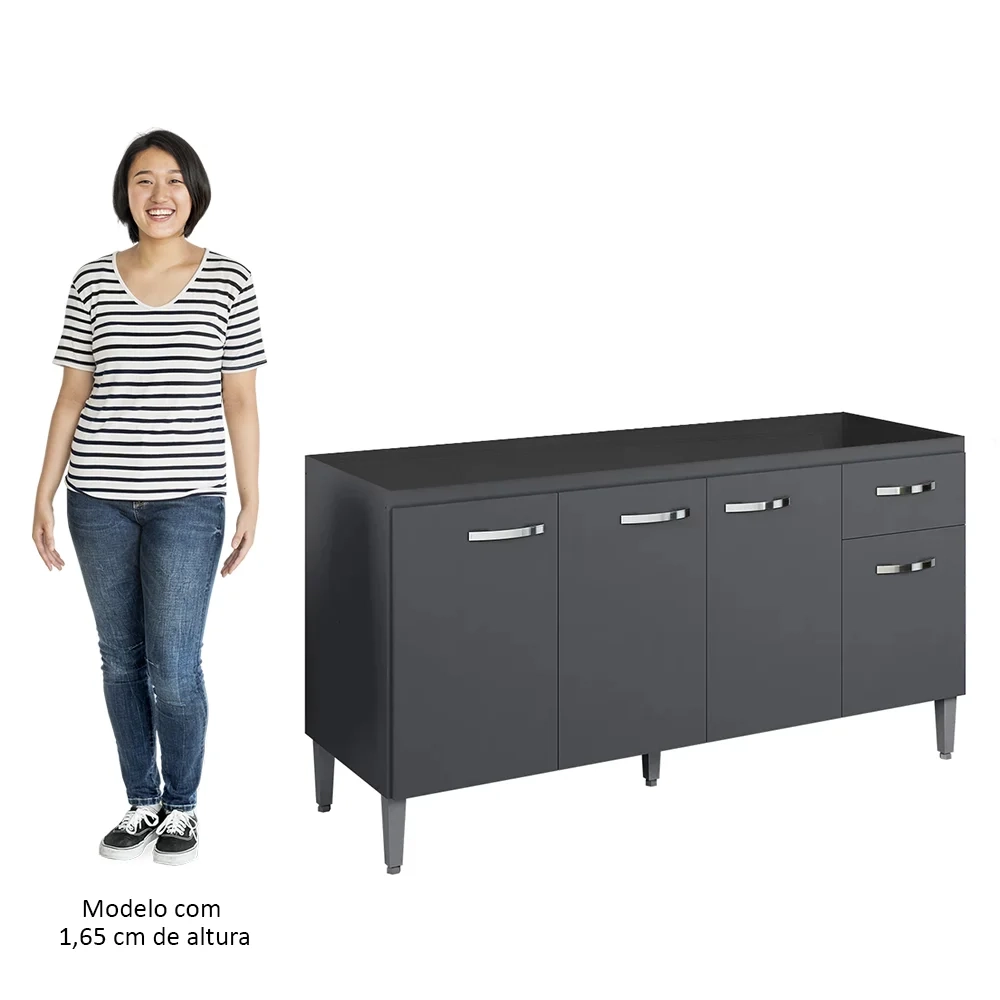 Balcão Gabinete Para Pia Sem Tampo 150cm 4 Portas e 1 Gaveta Gabriela Cinza - AJL Móveis
