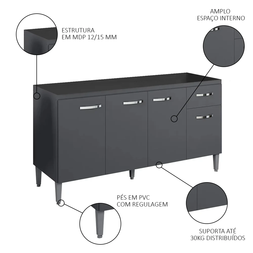 Balcão Gabinete Para Pia Sem Tampo 150cm 4 Portas e 1 Gaveta Gabriela Cinza - AJL Móveis