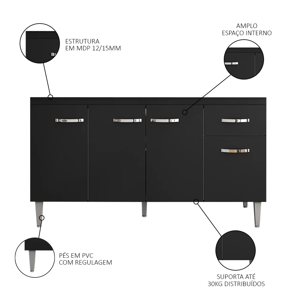 Balcão Gabinete Para Pia Sem Tampo 150cm 4 Portas e 1 Gaveta Gabriela Preto - AJL Móveis