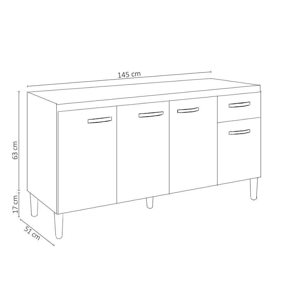 Balcão Gabinete Para Pia Sem Tampo 150cm 4 Portas e 1 Gaveta Gabriela Preto - AJL Móveis
